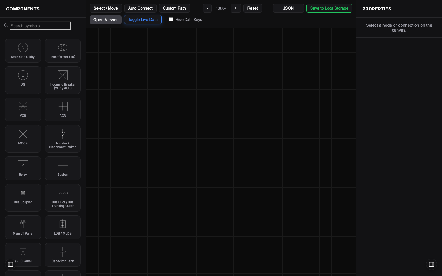 Editor do Trpz3/sld: canvas com barra, disjuntor, transformador e cargas, com paleta lateral